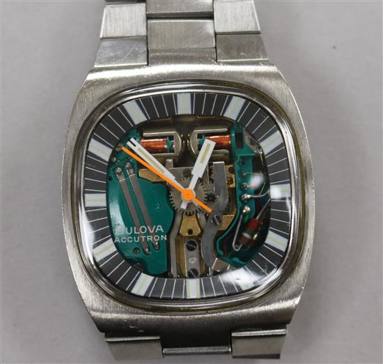 A gentlemans stainless steel Bulova Accutron space view wrist watch.